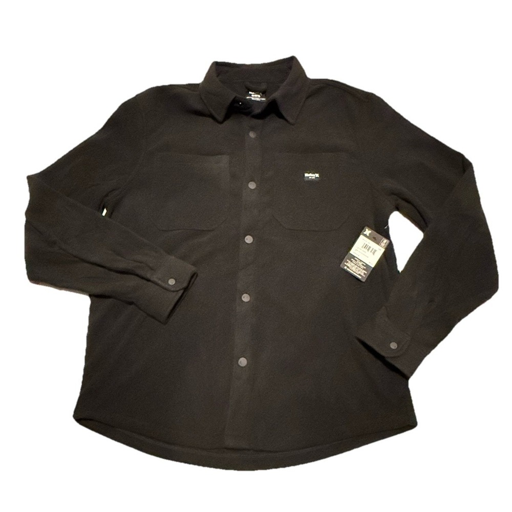 Hurley Mens Polar Fleece Overshirt Black Snap Up Jacket Shacket Size Medium NWT‎
